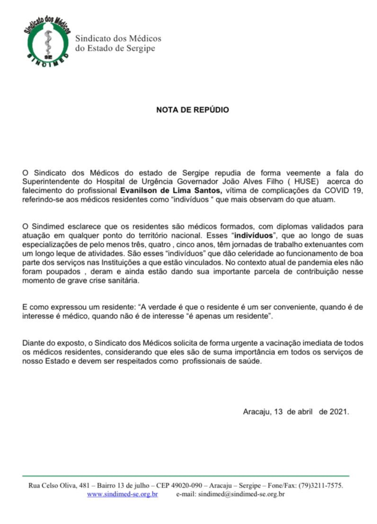Sindicato dos Médicos de Sergipe emite NOTA DE REP�?DIO (Imagem: Assessoria Sindimed/SE)