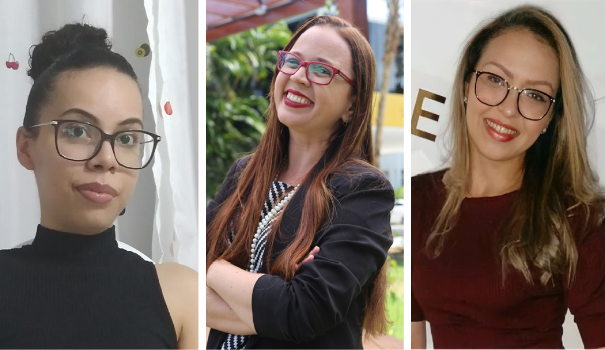 Janete André, estudante do curso de Pedagogia EaD da Universidade Tiradentes, Danielle Thaís Leite, professora doutora e coordenadora da Área de Humanas e Sociais Aplicadas da Universidade Tiradentes, e Bruna Maria, estudante do curso de Pedagogia EaD da Universidade Tiradentes (Imagem: Assessoria de Imprensa Unit)
