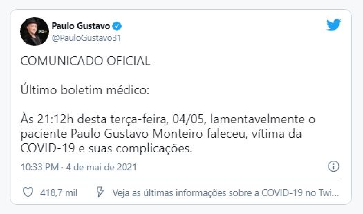 Imagem: Reprodução/ Twitter/ Paulo Gustavo