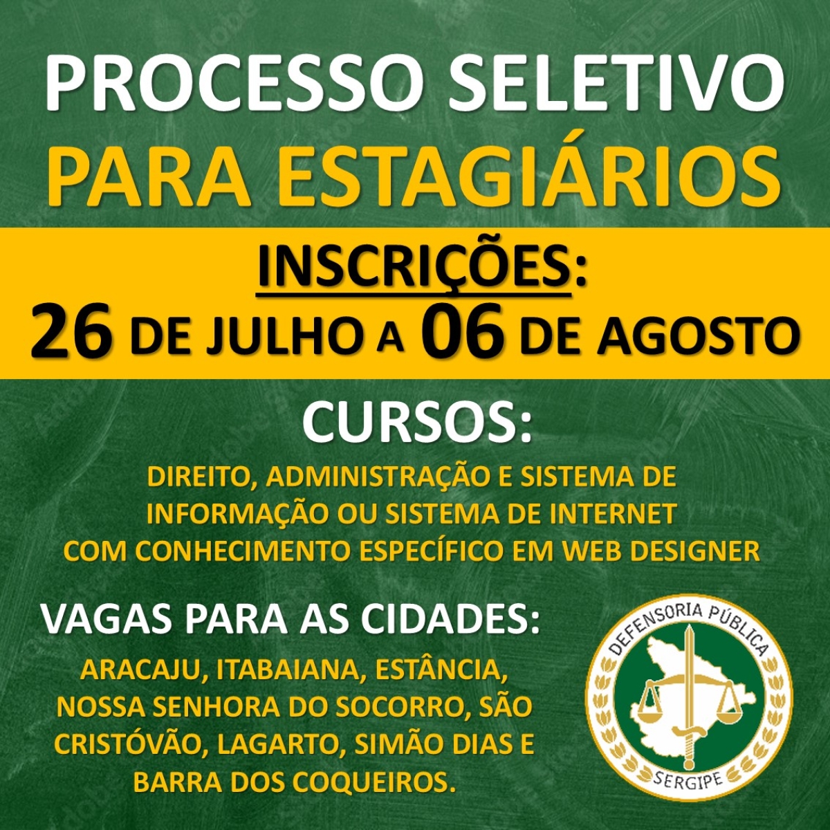 Defensoria Pública abre inscrição para estágio remunerado em Direito, Administração e Sistema de Informação (Imagem: Divulgação/ DPE/SE)