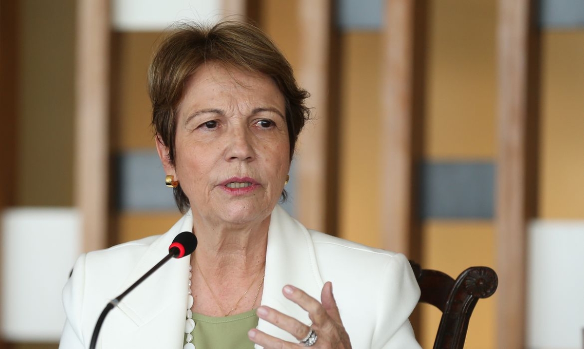 A ministra  da Agricultura, Pecuária e Abastecimento, Tereza Cristina, durante entrevista coletiva, na Sala dos Tratados do Palácio Itamaraty, sobre os resultados da participação brasileira na COP26 (Foto: José Cruz/ Agência Brasil)