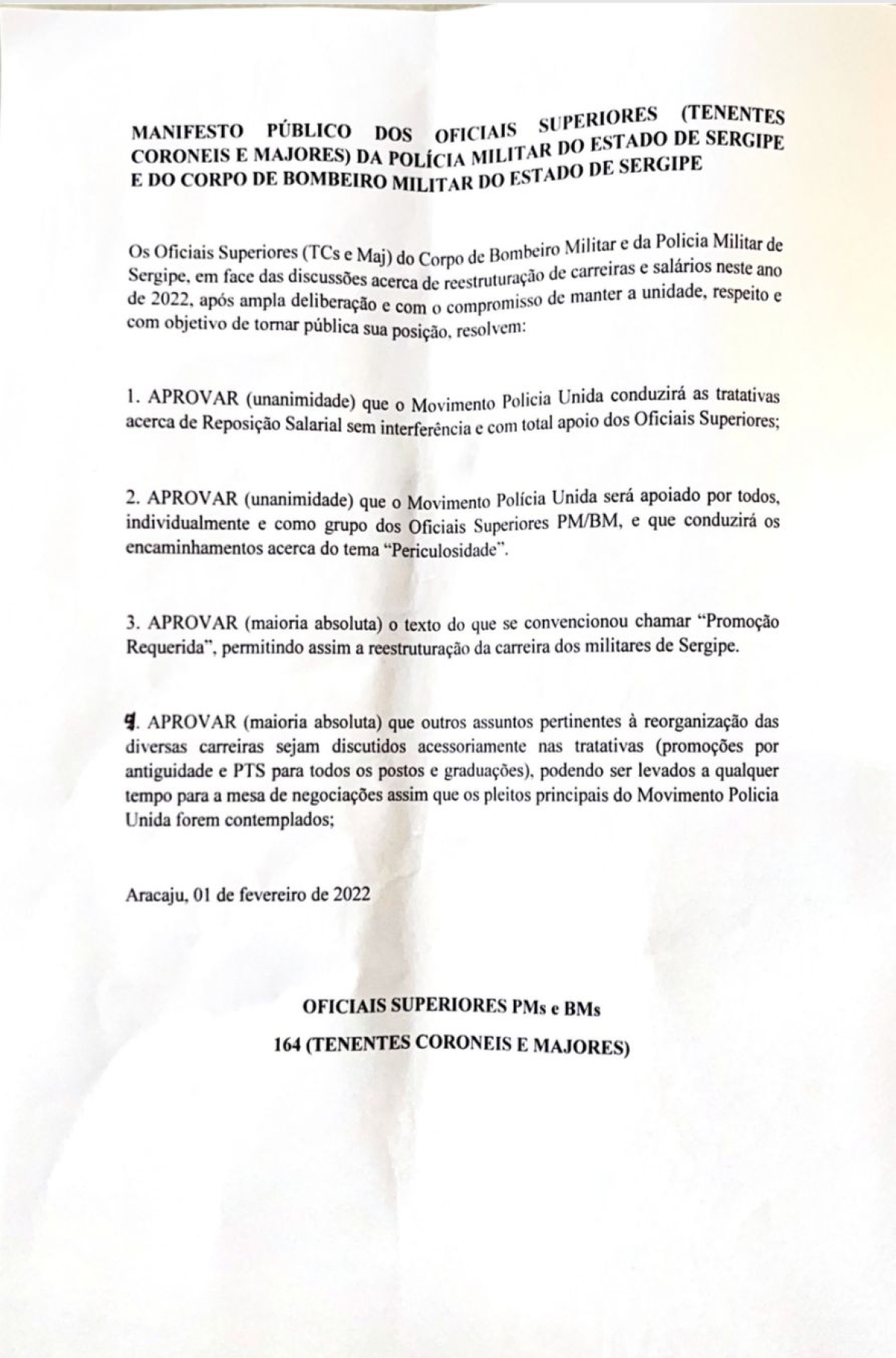 Oficiais superiores da PM e BM entregam manifesto de apoio ao Movimento Polícia Unida (Imagem: Asscom Assomise)