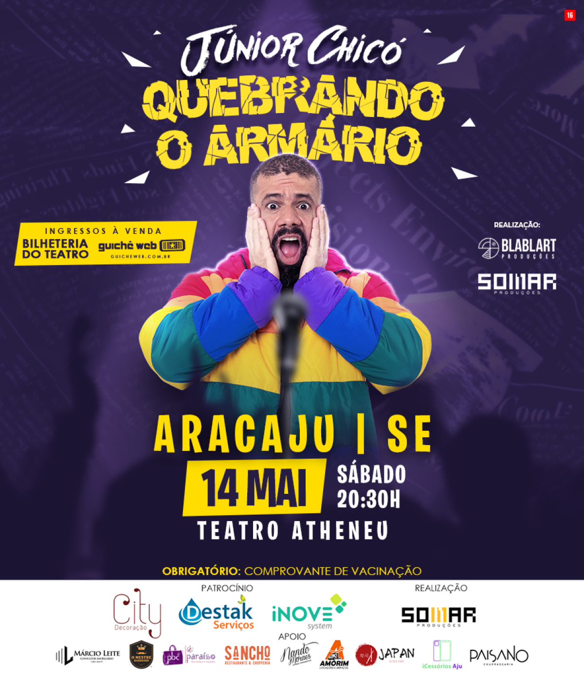 Junior Chicó em seu primeiro show solo de stand up comedy: "Quebrando o Armário" - Imagem: Divulgação
