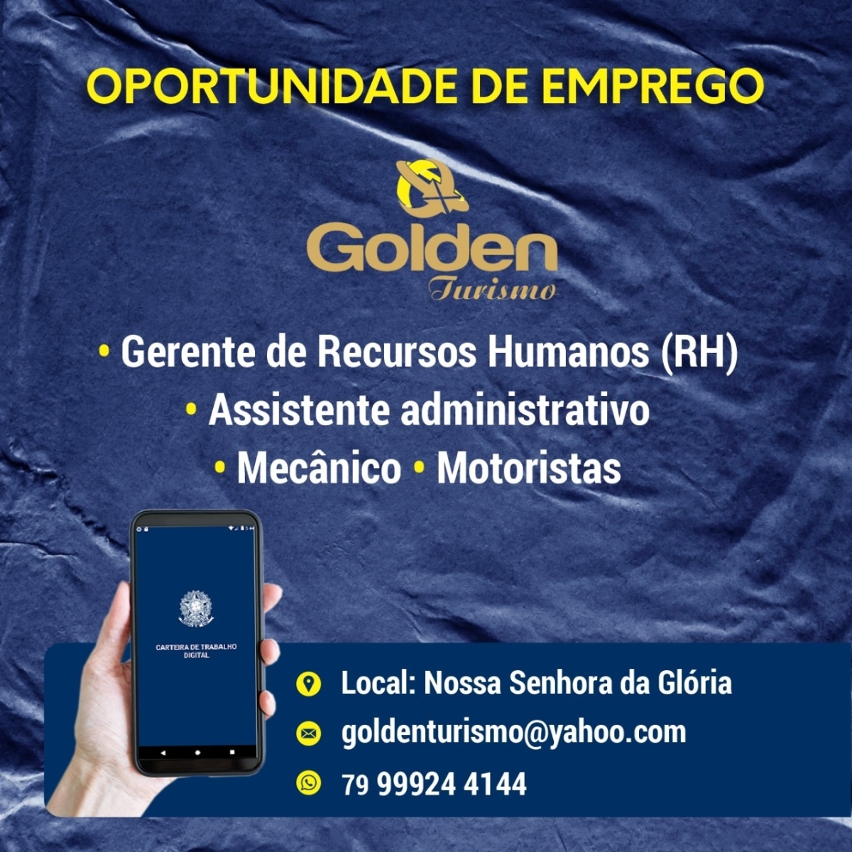 Golden Turismo abre vagas de emprego em Nossa Senhora da Glória - Imagem: Divulgação | Golden Turismo