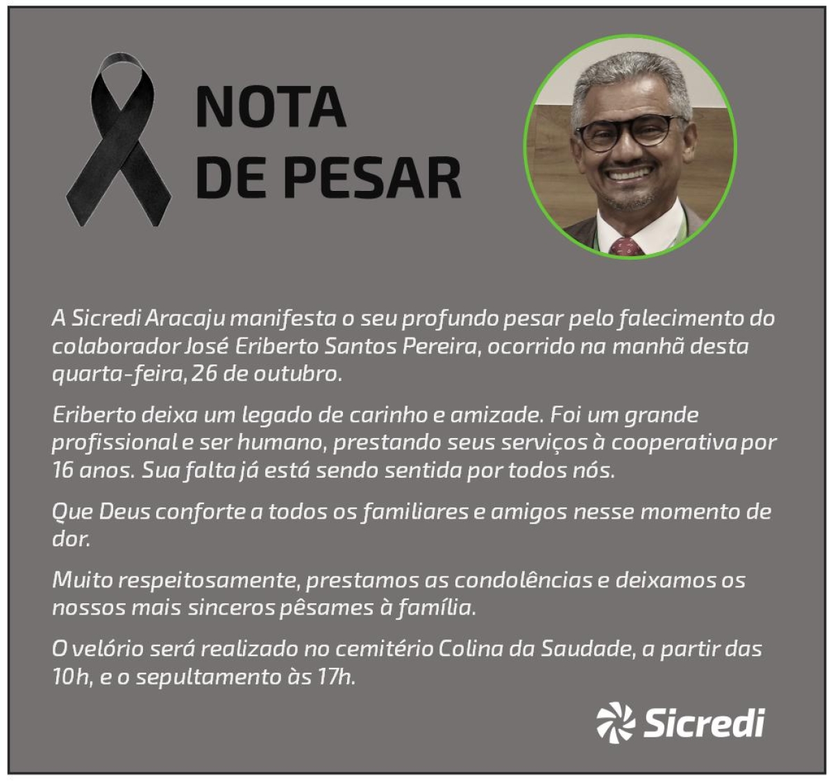 Sicred Aracaju emite NOTA DE PESAR - Imagem: Sicred