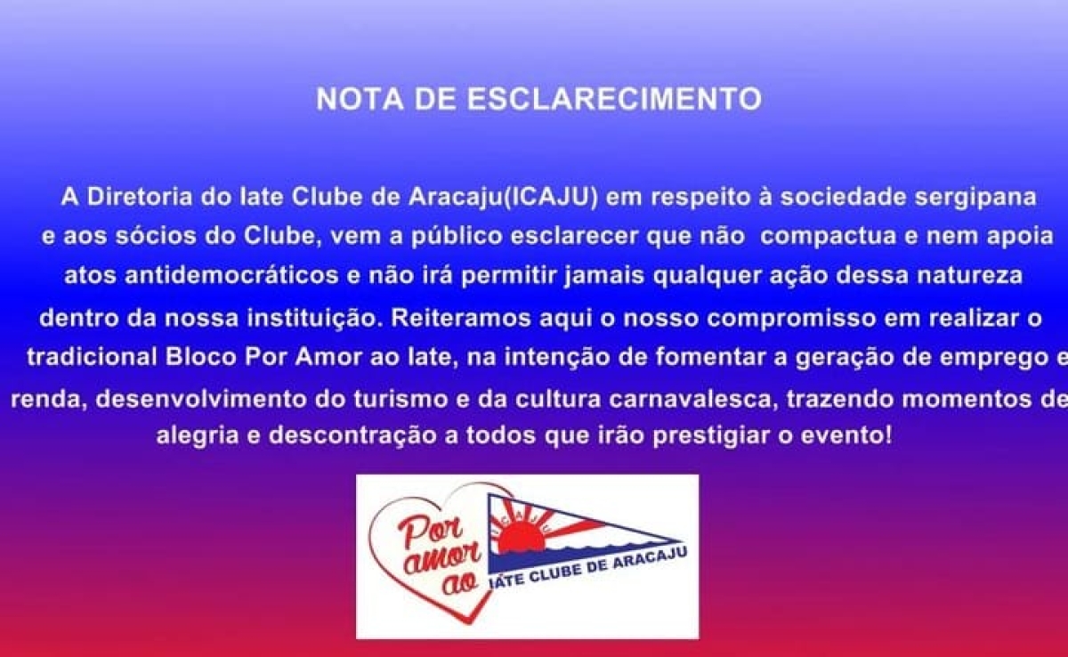 Instituição se manifestou através de nota - Imagem: Rede Social do Iate Clube de Aracaju Instituição se manifestou através de nota - Imagem: Rede Social do Iate Clube de Aracaju