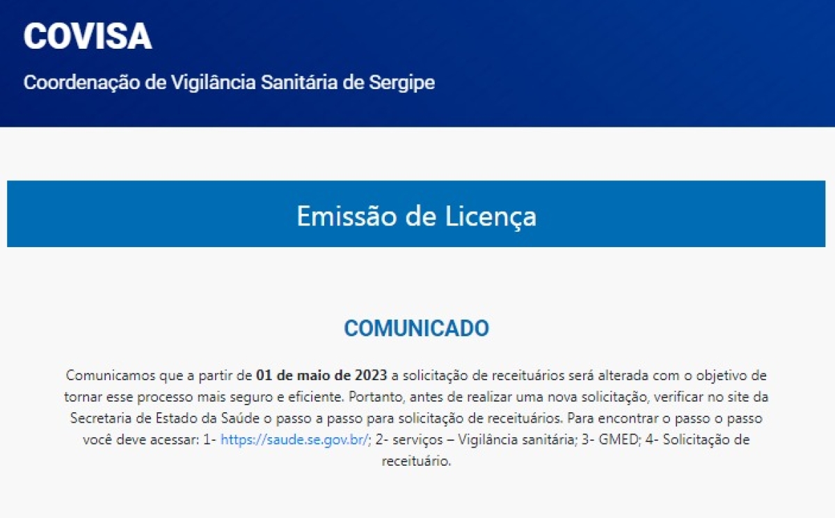 Saúde alerta que a emissão de Licença Sanitária ocorrerá somente via internet - Imagem: SES/SE
