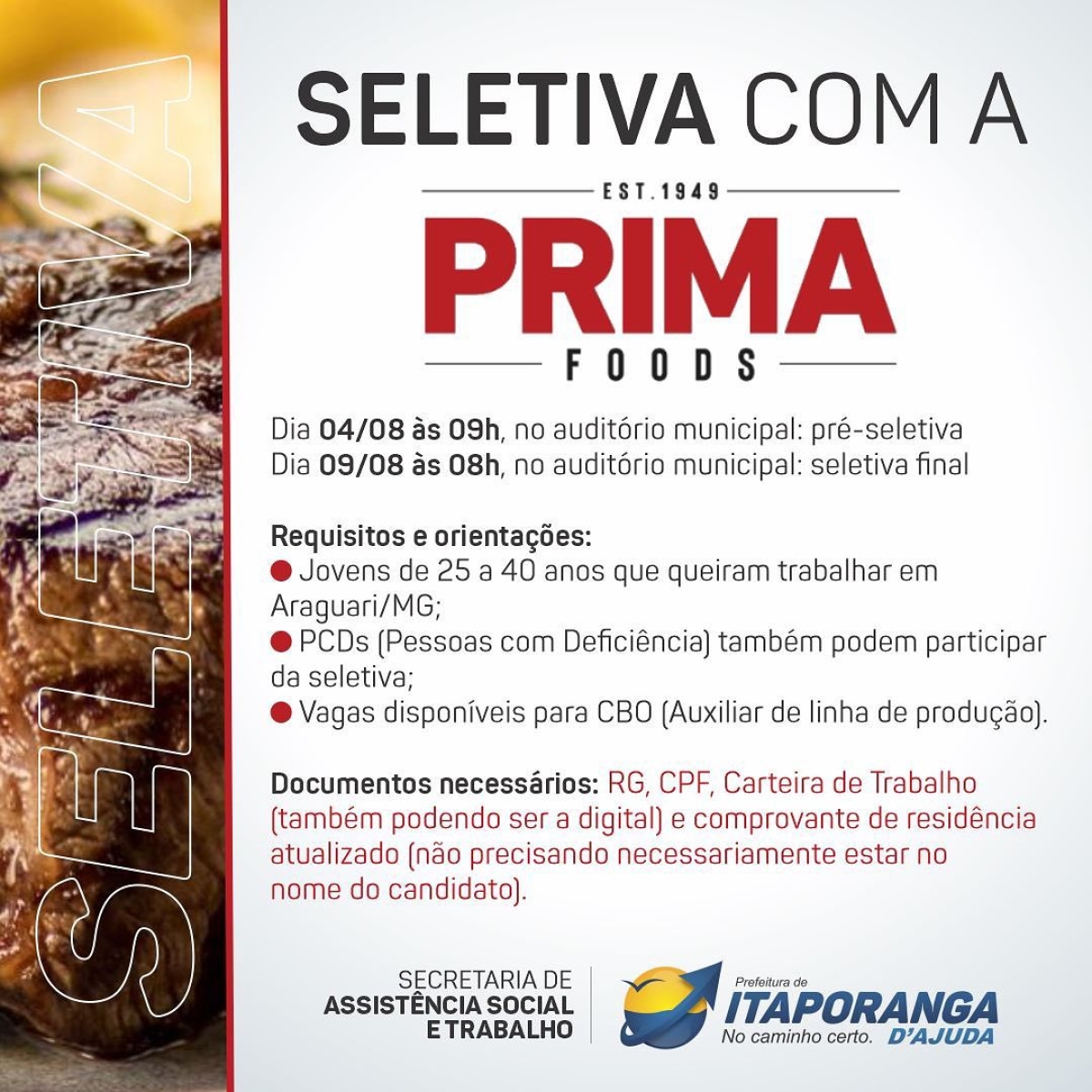 Prefeitura de Itaporanga d´Ajuda abre processo seletivo para serviços na Prima Foods - Imagem: Divulgação