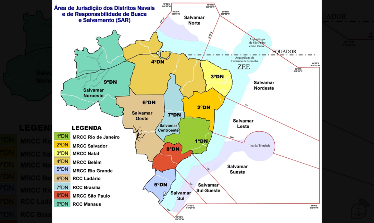Mapa dos Distritos Navais e suas regiões de abrangência - Imagem: Marinha do Brasil