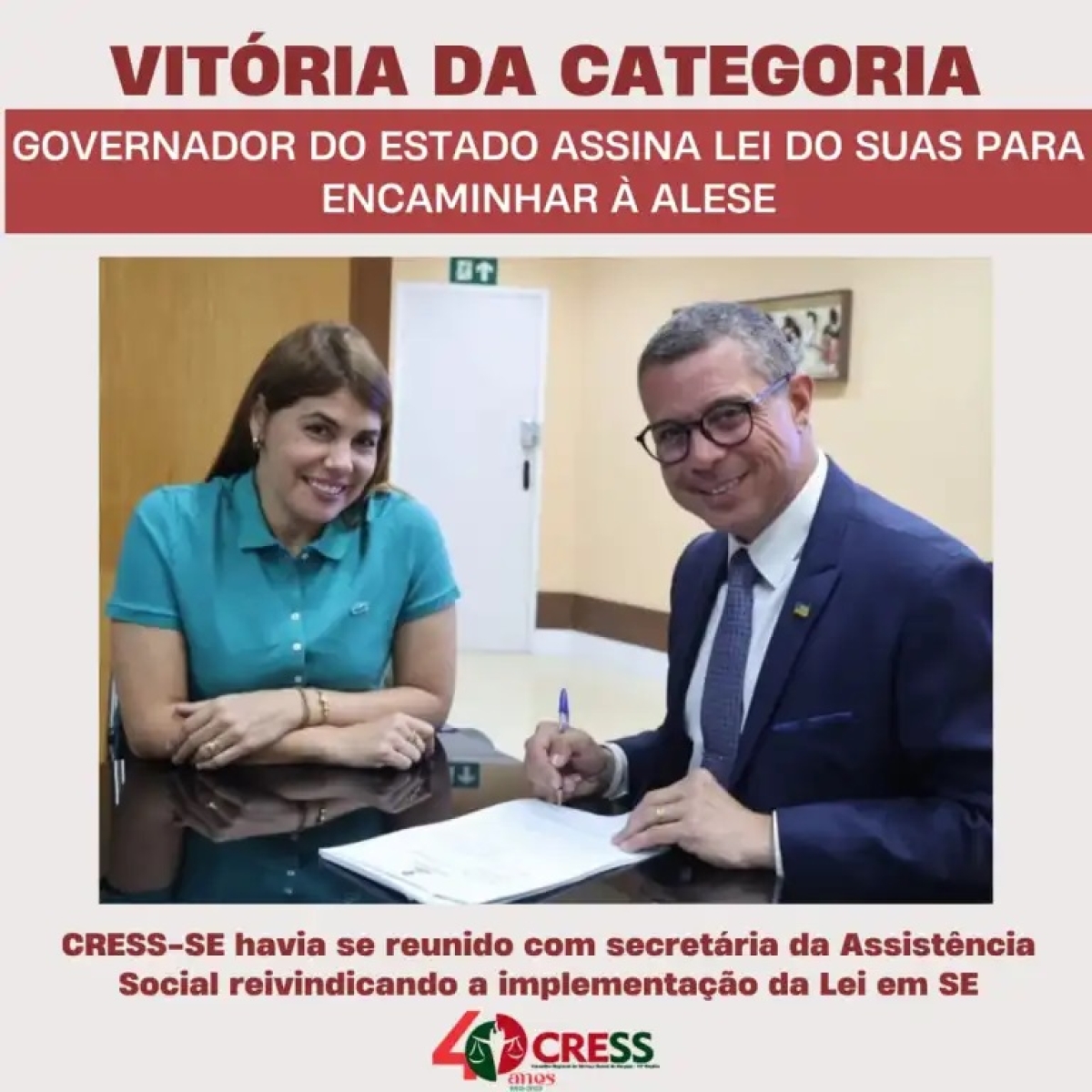 Após solicitação do CRESS-SE em reunião com a Seasc, governador assina Lei Estadual do SUAS para aprovação na Alese - Foto: Instagram | Fábio Mitidieri