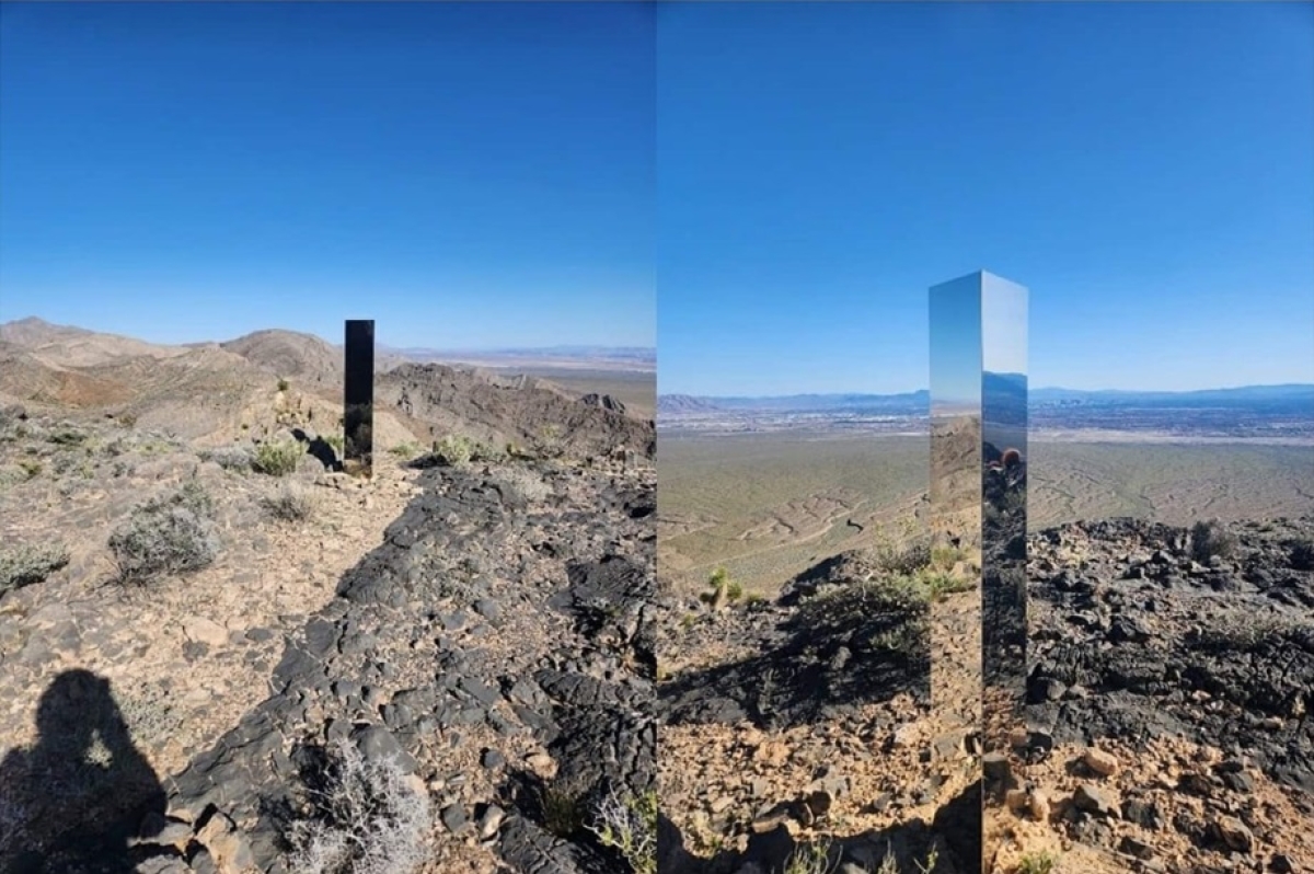 Duas fotos do monólito misterioso encontrado em Las Vegas - Imagens: LVMPD/Reprodução