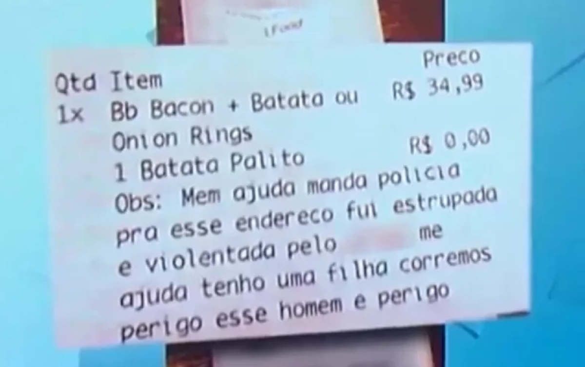 Nota fiscal com pedido de socorro - Foto: TV Record/Reprodução de vídeo