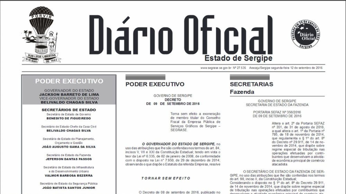 Sefaz/Sergipe altera regime de tributao do comrcio atacadista para aumentar competitividade das empresas sergipanas (Imagem: Reproduo/Dirio Oficial | Via Sefaz/SE)