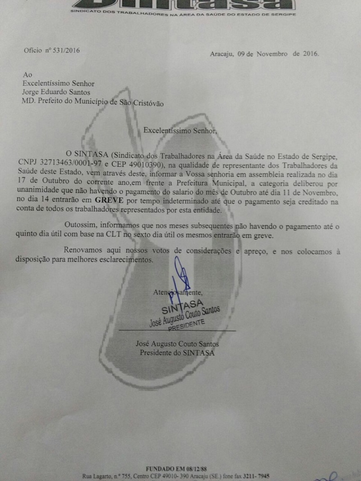 Servidores da Sa�de de S�o Crist�v�o poder�o entrar em greve dia 14 (Imagem: Sintasa)