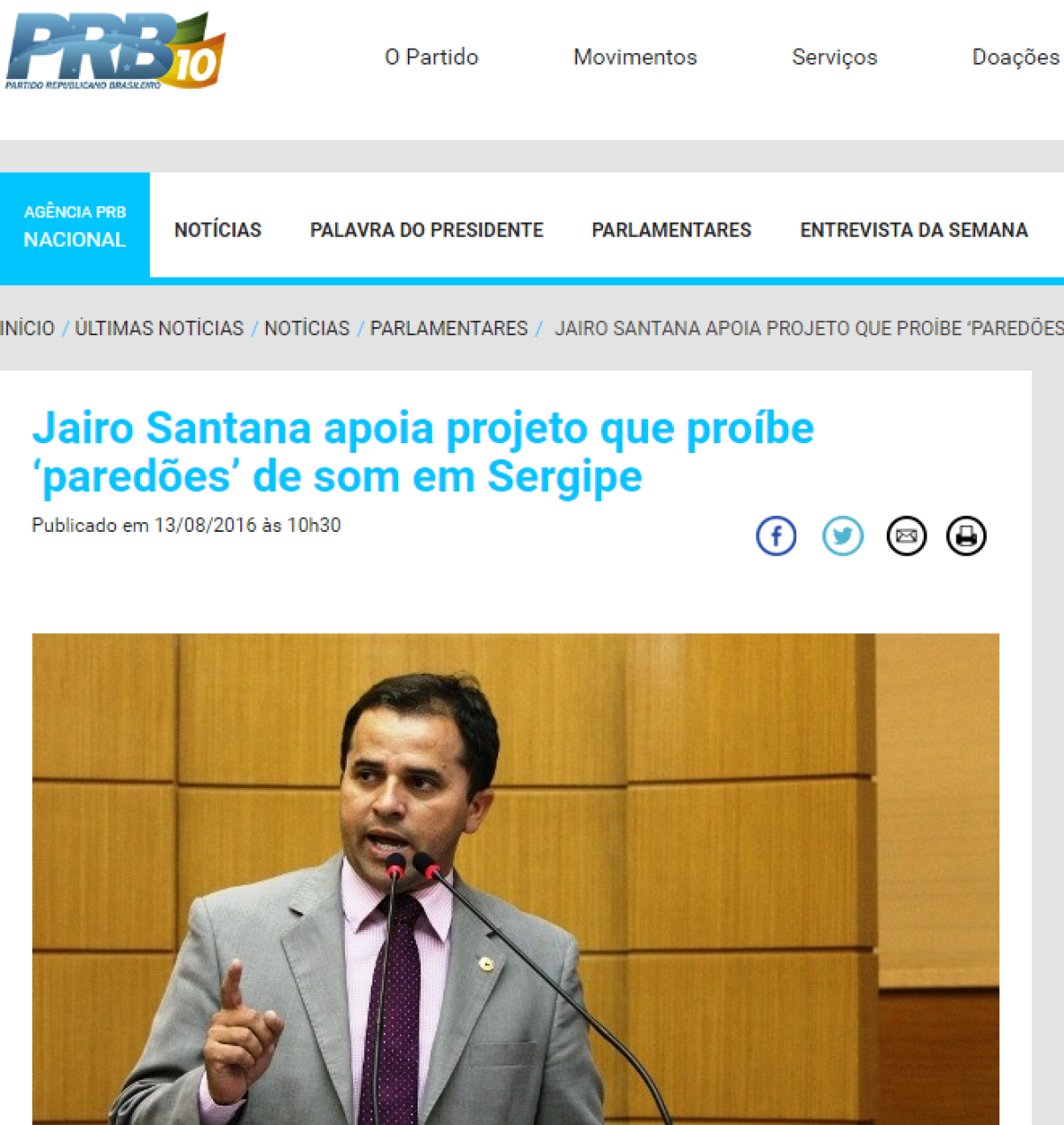 PRB divulga apoio de Jairo Santana a projeto de lei que probe paredes em Sergipe (Imagem: Reproduo/PRB/Via Pingou Notcias)