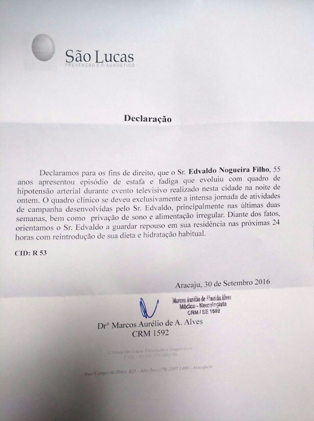 Declara��o do m�dico (Imagem: Reprodu��o | Via Assessoria Edvaldo Nogueira)