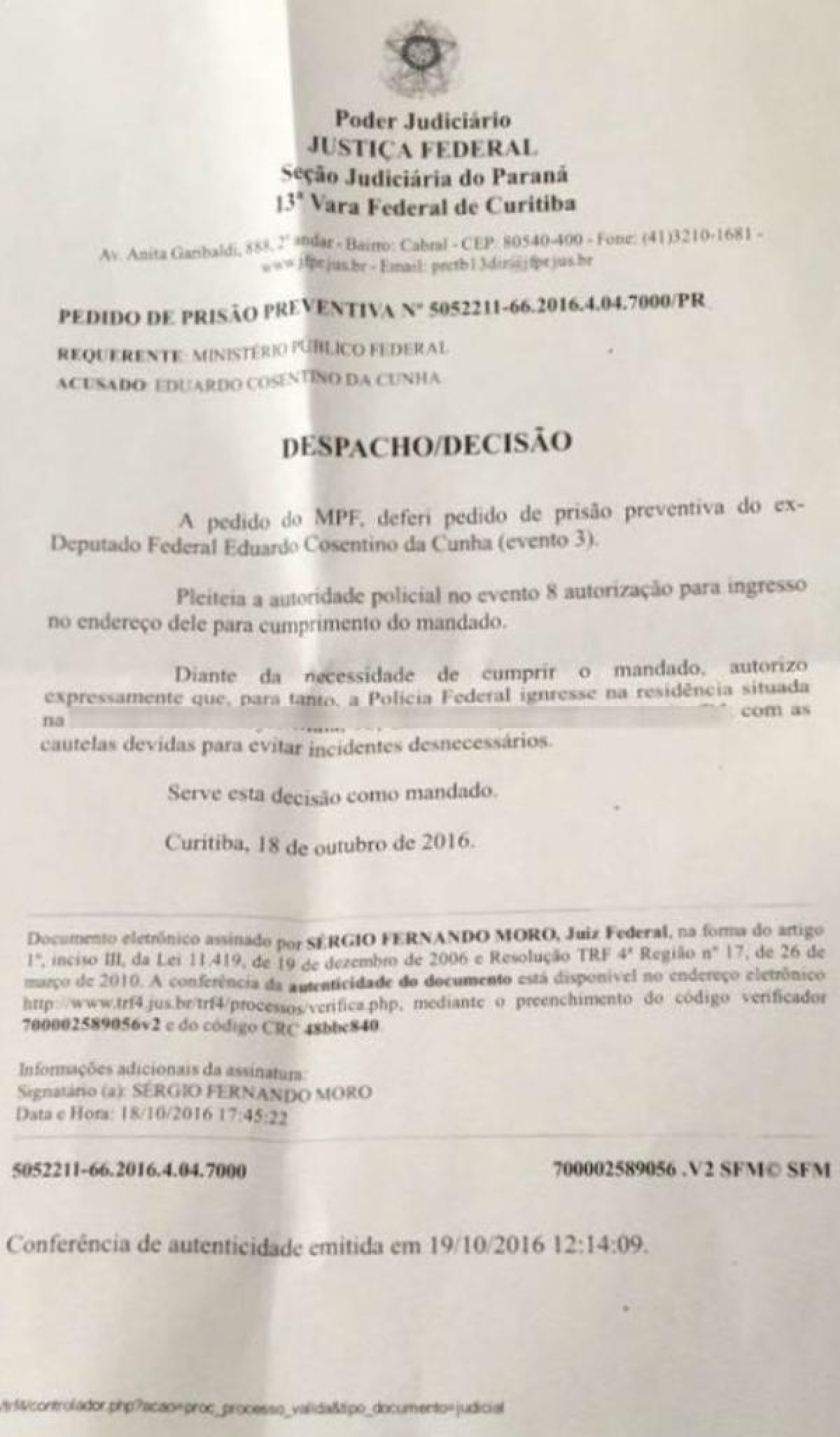 Pedido de pris�o de Eduardo Cunha (Imagem: Reprodu��o)